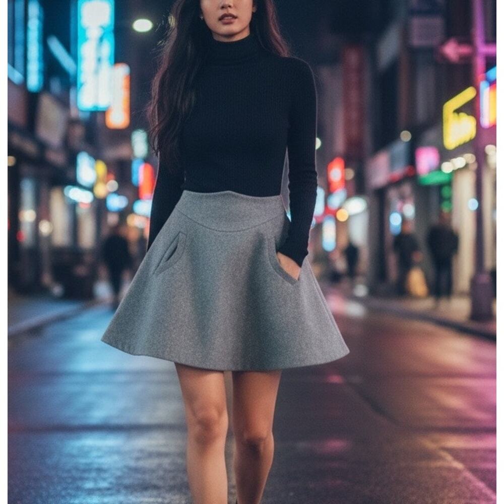Schoolgirl Gray Mini Circle Skirt XS K-pop Pockets Skater Felt